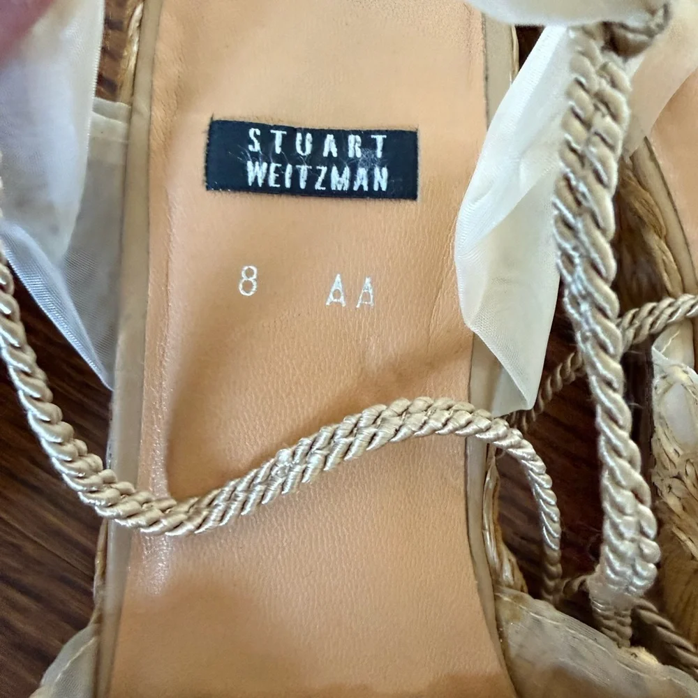Stuart Weitzman Tan Woven Espadrille Ankle-Tie Sandals